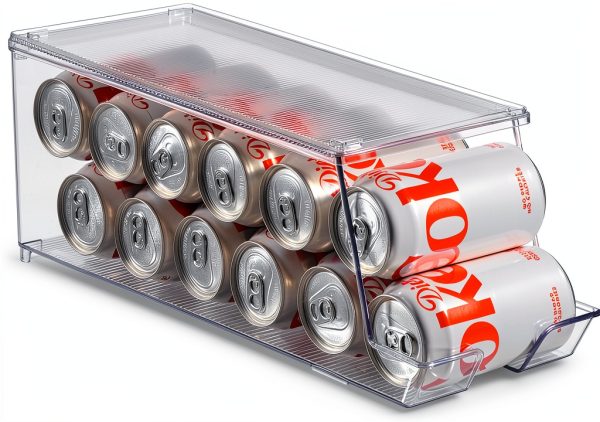 Set of 2 Stackable Refrigerator Organizer Bins Pop Soda Can Dispenser Beverage Holder for Fridge, Freezer, Kitchen, Countertops, Cabinets - Clear Plastic Canned Food Pantry Storage Rack Holds 12 Cans-6