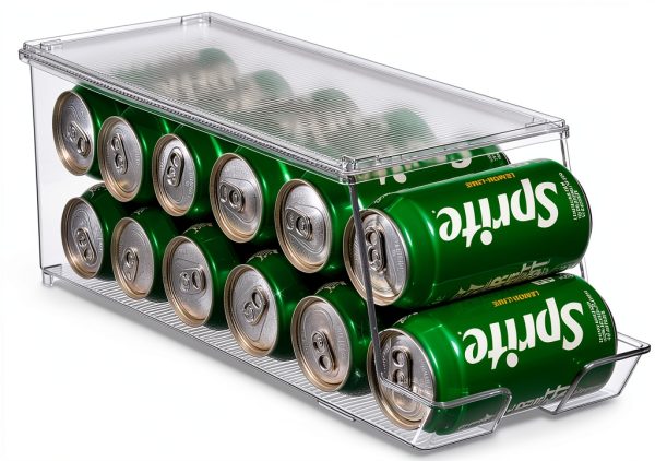 Set of 2 Stackable Refrigerator Organizer Bins Pop Soda Can Dispenser Beverage Holder for Fridge, Freezer, Kitchen, Countertops, Cabinets - Clear Plastic Canned Food Pantry Storage Rack Holds 12 Cans-3