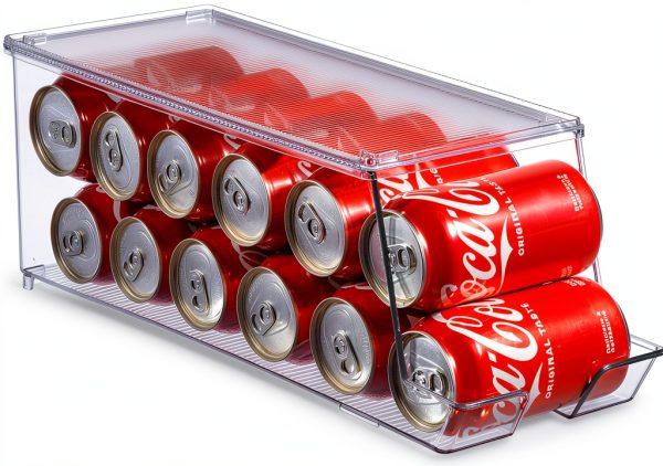 Set of 2 Stackable Refrigerator Organizer Bins Pop Soda Can Dispenser Beverage Holder for Fridge, Freezer, Kitchen, Countertops, Cabinets - Clear Plastic Canned Food Pantry Storage Rack Holds 12 Cans-5