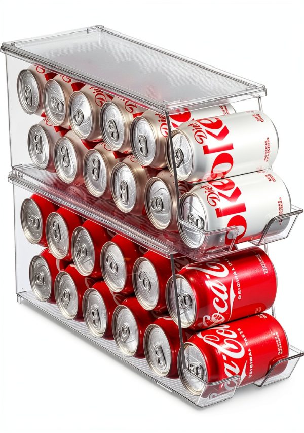 Set of 2 Stackable Refrigerator Organizer Bins Pop Soda Can Dispenser Beverage Holder for Fridge, Freezer, Kitchen, Countertops, Cabinets - Clear Plastic Canned Food Pantry Storage Rack Holds 12 Cans-1