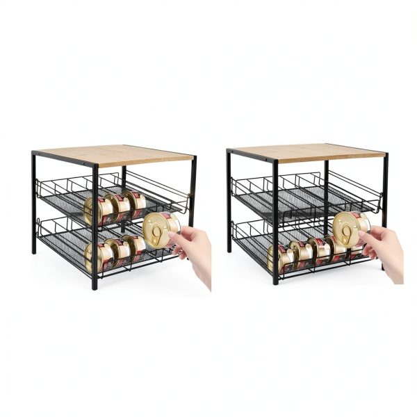 Bamboo & Iron Cat Food Organizer for Pantry, 2-Tier Can Stackable Storage Rack Holds 48 (3oz) Cans, Flat Top for Extra Storage, Automatic Slide-Down Perfect for Pet Food Cans-4