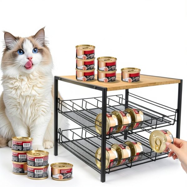 Bamboo & Iron Cat Food Organizer for Pantry, 2-Tier Can Stackable Storage Rack Holds 48 (3oz) Cans, Flat Top for Extra Storage, Automatic Slide-Down Perfect for Pet Food Cans-5