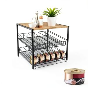 Bamboo & Iron Cat Food Organizer for Pantry, 2-Tier Can Stackable Storage Rack Holds 48 (3oz) Cans, Flat Top for Extra Storage, Automatic Slide-Down Perfect for Pet Food Cans-1