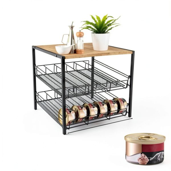 Bamboo & Iron Cat Food Organizer for Pantry, 2-Tier Can Stackable Storage Rack Holds 48 (3oz) Cans, Flat Top for Extra Storage, Automatic Slide-Down Perfect for Pet Food Cans-1