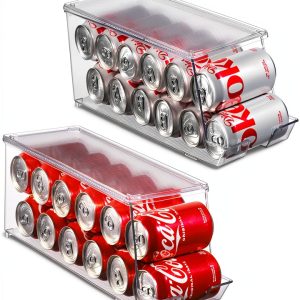 Set of 2 Stackable Refrigerator Organizer Bins Pop Soda Can Dispenser Beverage Holder for Fridge, Freezer, Kitchen, Countertops, Cabinets - Clear Plastic Canned Food Pantry Storage Rack Holds 12 Cans-0
