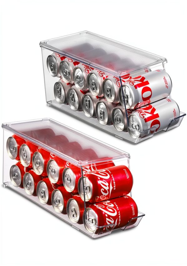 Set of 2 Stackable Refrigerator Organizer Bins Pop Soda Can Dispenser Beverage Holder for Fridge, Freezer, Kitchen, Countertops, Cabinets - Clear Plastic Canned Food Pantry Storage Rack Holds 12 Cans-0